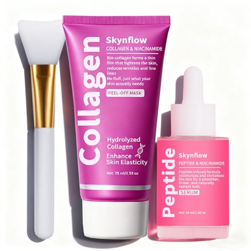 Skynflow Collagen Face Mask and Peptides & PDRN Serum Overnight Wrapping Peel Off Mask with Hydrolyzed Collagen & Niacinamide for Elasticity & Hydration Care Reduces Sagging & Dullness (Set)