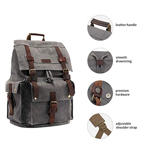 Kattee Men's Leather Canvas Backpack Large School Bag Travel Rucksack Gray #TOP5