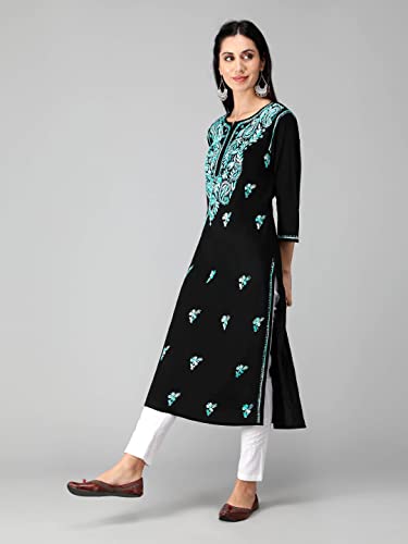 Image of Seva Chikan Hand Embroidered Lucknowi Chikankari Regular Straight Cotton Kurta Kurti for Women SCL4243