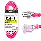 Iron Forge Cable Weatherproof 15 Ft Outdoor Extension Cord - 16/3 SJTW 13 Amp Heavy Duty Neon Pink Extension Cord 3 Prong - Lighted End