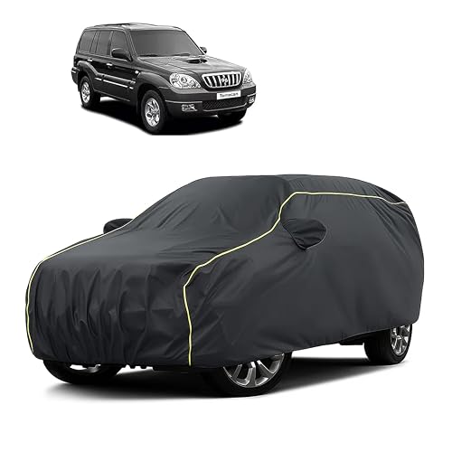 Image of Sulfar 100% Water Resistant Car Body Cover Compatible with Mirror for Hyundai Terracan (Triple Stitched, Full Bottom Elastic, Dark Grey Taffeta with Yellow Piping)