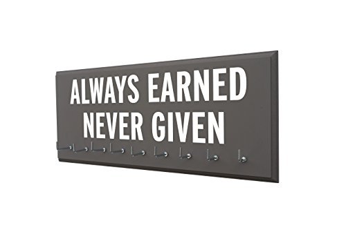 Race bib and Medal Display - Always Earned Never Given - Medal Holder - Medal Hanger - Medal Display Rack - Hooks for Sport Medal - Athletic Gift for Men - Running Accessories (Gray Single)