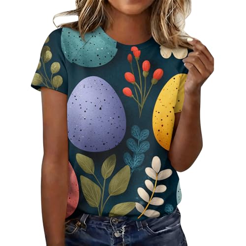 Women's Dressy Casual 2026 Summer Loose Tops Easter Printed Fashion Blouse T Shirt Short Sleeve Round Neck Shirts