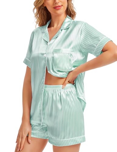 Image of SWOMOG Womens Silk Satin Pajamas Set Short Sleeve Sleepwear Button Down Top and Shorts Loungewear 2 Piece Pjs Set XS-3XL