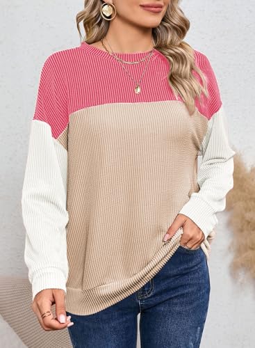 Image of Dokotoo Womens Tops Fashion 2026 Color Block Long Sleeve Shirts for Women Crewneck Knitted Casual Loose Blouses