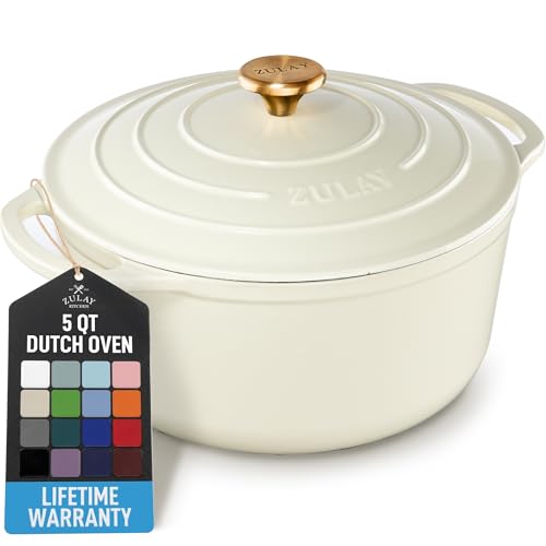 Image of Zulay Kitchen 5 Quart Enameled Cast Iron Dutch Oven Pot with Lid - Premium Durability & Oven Safe up to 500F - Heavy Duty Cookware Perfect for Bread Baking, Stews, Braising & Roasting - Ivory