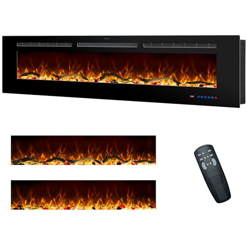 Rodalflame Elektrische open haard, inbouw- en wandhaardverwarming voor binnen, met afstandsbediening, 13 kleurvlammen met hout en kristal, 9H timer