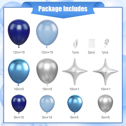 Image of Blue Silver Balloon Arch Kit, Star Foil Balloons for Boys Birthday Party | Chrome Silver, Pearl and Royal Blue Latex Balloons for Boys Birthday, Ocean Theme Party, Baby Shower and Party Decorations