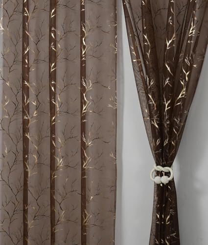 Image of Homefab India Multi Foil Transparent Sheer Curtain - 9 X 4 Feet, Long Door Curtains, Coffee, Pack of 2 Pieces