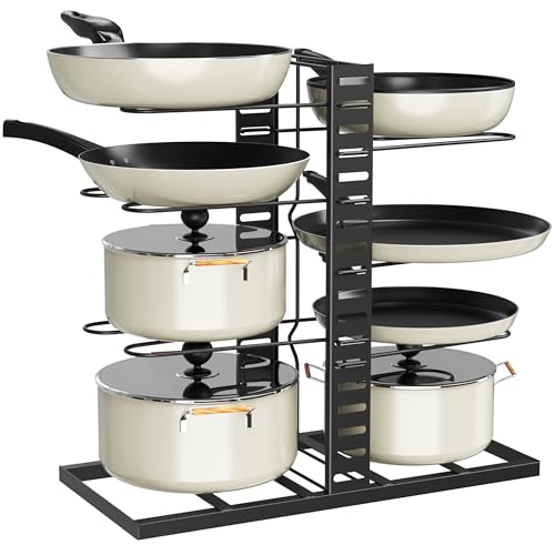 Image of Amazon Brand - Umi Pot & Pan Organizer Rack for Cabinet - Stackable Adjustable Cookware Organizer with Pot Lid Holder, Heavy-Duty Pan Rack for Kitchen Cabinet Storage