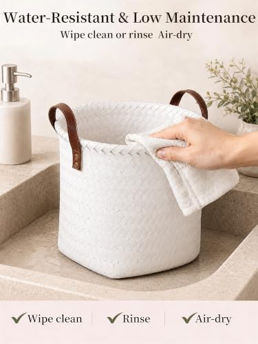 Panovox Hand Woven Baskets for Storage, 4Pcs Water-Resistant Wicker Baskets, White Wicker Storage Baskets for Shelves, Large Basket with Handle for Organizing, Closet, Laundry, Blanket - Round - Image 7