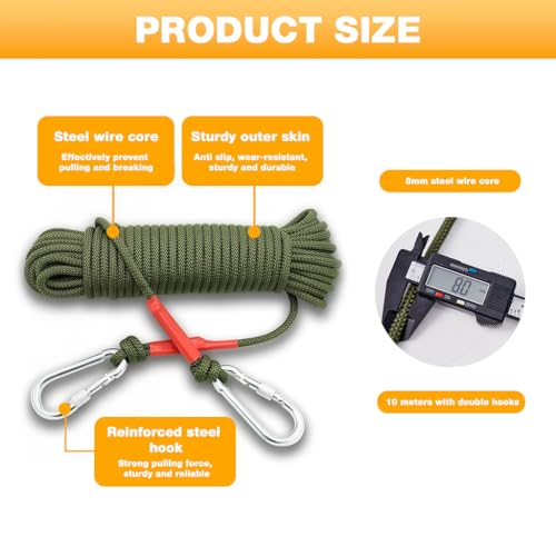 Image of HASTHIP 10m Clothes Drying Rope - Heavy Duty Polyester Cloth Rope for Drying Clothes with Hook 10mm Steel Core Clotheslines Wire Cloth Dry Ropes Wire, Army Green