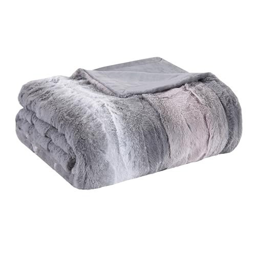 Madison Park Zuri Soft Plush Luxury Oversized Faux Fur Throw Animal Stripes Design, Faux Mink On The Reverse, Modern All Seasons Blanket for Bed, Sofa Couch, Office, Blush/Grey, 60x70