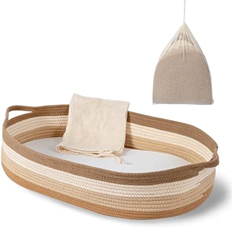 Baby Changing Basket - Moses Basket Changing Table Topper and Thick Foam Pad with Removable Cotton Mattress Cover, 100% Cotton Boho Nursery Decor in Rainbow Color with Storage Bag