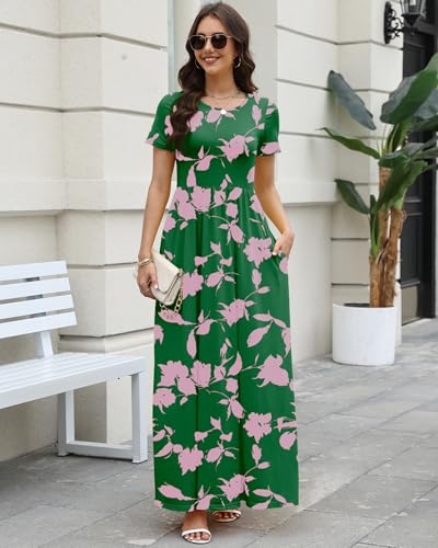 Image of COSSEN Women's Crew Neck Short Sleeve Maxi Dress with Pockets Casual Loose Swing for Wedding Guest Beach Vacation