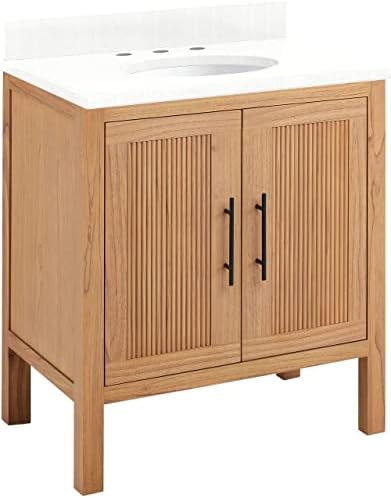 Signature Hardware 481744 Ayanna 30" Free Standing Single Vanity Set with Mindi Wood Cabinet, Vanity Top and Oval Undermount Vitreous China Sink - 8" Faucet Holes - Natural Mindi/Feathered White