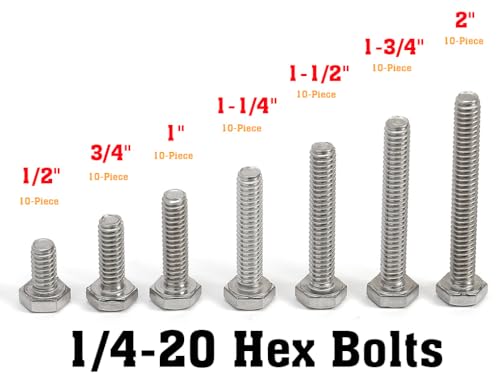 Reegoo 1/4-HEXBOLT-10 1/4-20 Bolts Screws Kit External Hex Head Stainless Steel 304 Fully Threaded Hex Bolt 1/4-20 X 1/2 Inch 3/4 Inch 1 Inch 1-1/4 Inch 1-1/2 Inch 1-3/4 Inch 2 Inch Length thumb #3