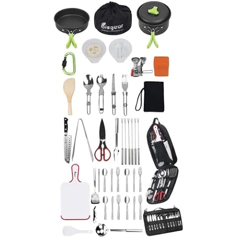 Bisgear 16 Pcs Camping Cookware Stove Carabiner Folding Spork Set + Backpacking Camping Cookware Camp Kitchen Utensil BBQ Organizer Cover