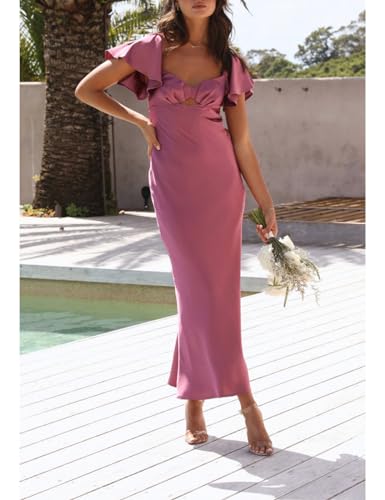 Summer Satin Flutter Sleeve Wedding Guest Dresses for Women Sweetheart Neckline Cutout Tie Back Midi Cocktail Dress3