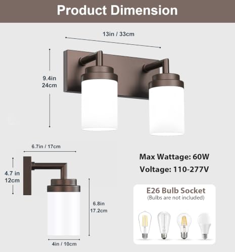 Image of Bathroom Light Fixtures, Oil Rubbed Bronze Bathroom Lighting Fixtures Over Mirror, Modern Vanity Light with White Glass Shade, Restroom Lighting Fixtures, 2-Light 13-inch