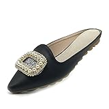 Rhinestone Mules for Women Flats Shoes Slip On Backless Loafer Pointed Toe Dress Mule Slides PU Blac