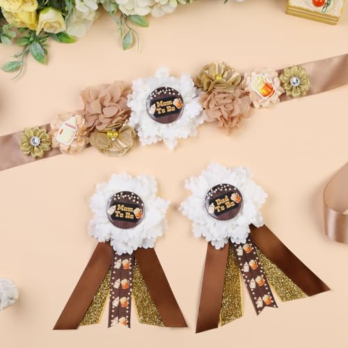 Image of Beer Mug Gender Reveal Maternity Sash Kit, Black Golden Baby Shower Belly Belt and Mom to Be Dad to Be Corsage Pins, New Parents Pregnancy Announcement Photo Props Party Supplies