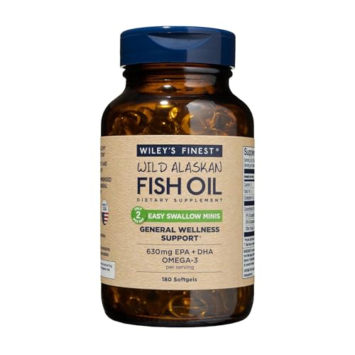 Wileys Finest Wild Alaskan Fish Oil Easy Swallow Minis - Omega-3 Fish Oil Supplement for Adults and Kids - Double-Strength 630mg EPA and DHA Natural Supplement - 180 Mini Softgels (90 Servings)
