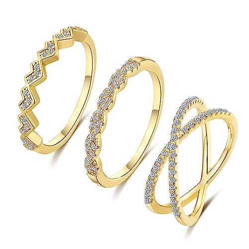 Honsny 3PCS Gold Rings for Women Girls, Silver Stackable Thumb Rings Non Tarnish Thin Cubic Zirconia Dainty Ring Set Eternity Wedding Bands Aesthetic Jewelry Size 5-11