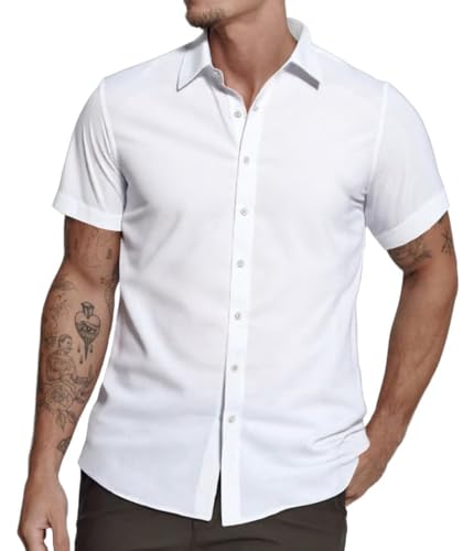 Mens Short Sleeve Dress Shirts Stretch Casual Button Down Shirts Solid Regular Fit Formal Shirt
