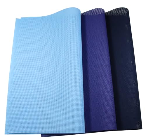 Image of KCS 3 pc of 15 inch x 18 inch(38cmx45cm) 11 Count Cross Stitch Cotton Aida Cloth Needlework Rolled Fabric Box,11CT,Light Blue+Royal Blue+Navy Blue