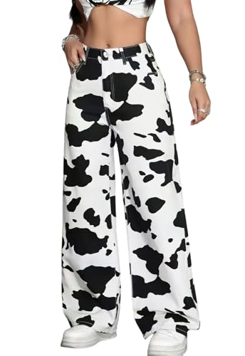 ebossy Women's Retro High Waisted Cow Print Wide Leg Baggy Jeans Trendy Y2k Denim Trousers with Pockets (M, Black)