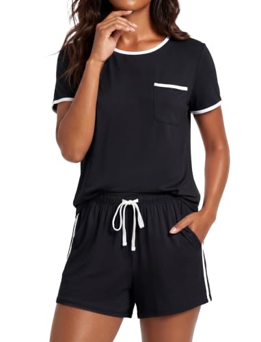 PATPAT Bamboo Pajamas for Women Cooling Womens Pajama Sets with 93% Bamboo Fiber Soft and Silky Hanes Lounge Sets Black M