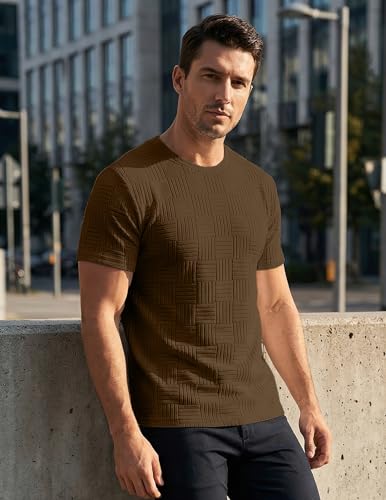 Image of JMIERR Mens T-Shirt Casual Stretch Solid Crewneck Short Sleeve Tees Textured Shirts