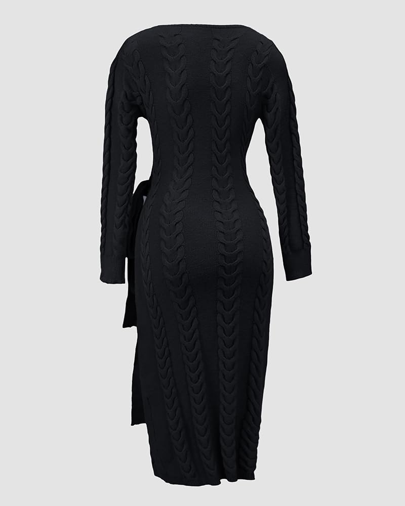 CHICME Vestito elegante a portafoglio in maglia 2025 per le donne a maniche lunghe con scollo a V e cravatta in vita