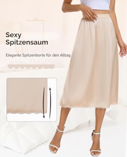 Vlazom Damen Satin Unterrock Lang Rock Petticoat mit Spitze Elastische Taille Halbe Slips für Unterkleider（L，Nude）