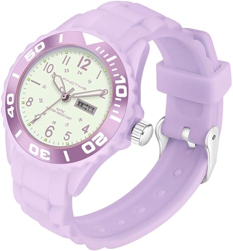 findtime wasserdichte Damen Uhr für Frauen Mädchen Studenten Candy Farbe Silikonband 24 Stunden mit Sekundenzeiger Farbiges Arabische Ziffern Analog Quarzuhr mit Datum Woche Violett