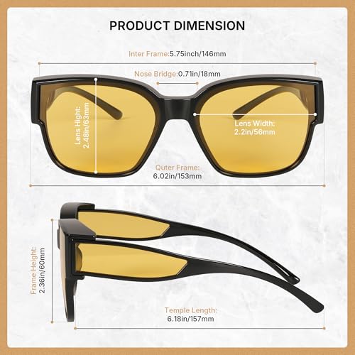 TR90 Polarized Frame Night Driving Glasses Frame Fit Over Prescription Eyewear Lightweight with Yellow Lens Anti-Glare UV Protection Sunglasses Square for Men Women Drivers Outdoor Activities2