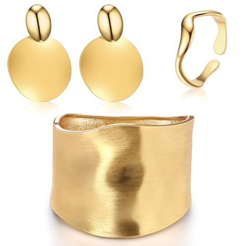 Misdary 3 Pcs Jewelry Gifts Set Bracelets Earrings Ring Cuff Bangle for Women Wedding Birthday Gifts(Gold,Frosted)