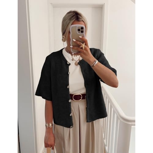 Image of Women Y2k Knitted Crop Cardigan Shirt Short Sleeve Button Down Ribbed Knit Crop Top Outwear Top Tee Shirt