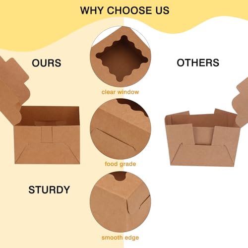 Moretoes 50pcs Cookie Boxes with Window, 4x4x2.5 Inches Brown Bakery Boxes Pastry Container for Small Cookies, Treats and Desserts - Thumbnail 7