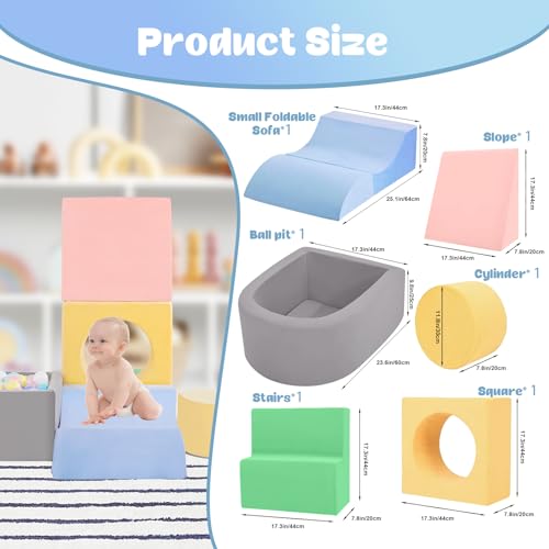 Image of CAMELUS Toddler Climbing Toys Indoor, Baby Foam Climbing Blocks with Ball Pit for 1-3 Years Old, 6-Piece Soft Play Set Climbing Blocks, Climb Crawl Activity Play, Birthday (Balls not Included)