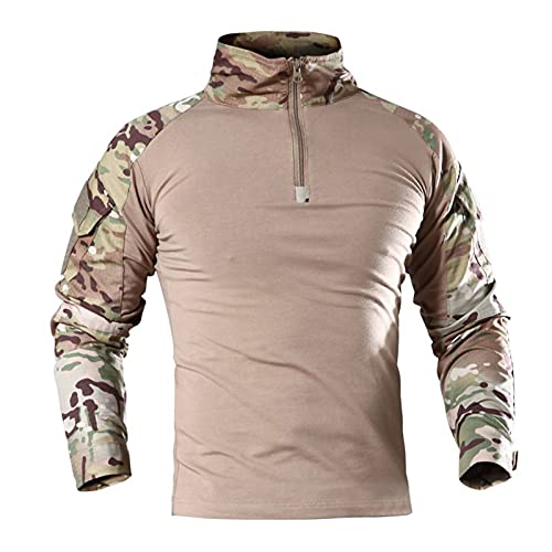 AMhomely Mens Tactical Shirt Long Sleeve Turtleneck Camouflage Tops Plus Size Combat Shirt Multicam Military T Shirts Zipper Camo Pullover Tops Outdoor Uniform Airsoft Hunting Woodland Khaki L