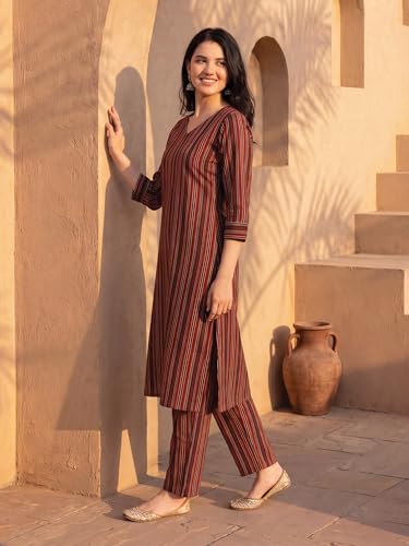 Image of INDO ERA Women Pure Cotton Striped Printed Kurta & Pant Set |Cord Set For Women Cotton