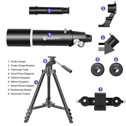 Image of EACONN Telescope, 80 mm Aperture 600 mm Portable Travel Telescope for Beginners & Children, Black, with Tripod, Phone Adapter, Backpack