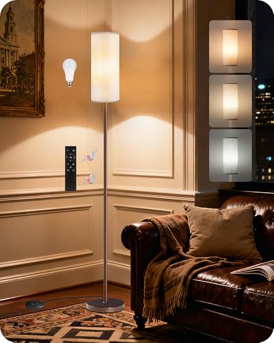 Image of Dimmable Floor Lamps for Living Room with Remote and Foot Switch, 64.4 inch Modern Standing Tall Lamp, Corner Lamp for Bedroom, Bulb Included, 3000K-6500K, Beige and Brown, FCC Listed VE06LD05W1