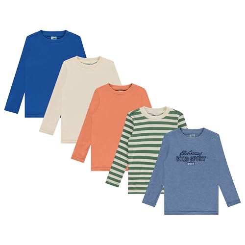 Cudlie 5-Pack Baby/Toddler Boy Long Sleeve Shirt - Basic Tshirt Tops, Light Undershirt - Solid & Striped Tees for Boys, Brandied Melon, Parchment, Nautical Blue, Blue Heather, Green Stripe, 2 Years