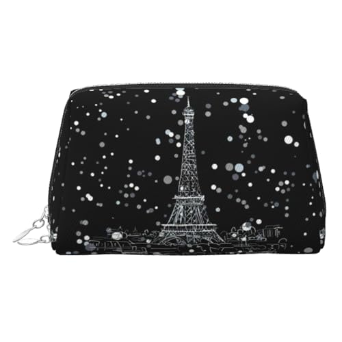 Night Paris Eiffel Tower Print Leather Cosmetic Pouch, Leather Makeup Bag for Purse with Top Zip Closure Stylish Toiletry Bag