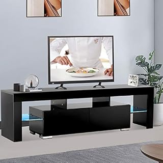 Mecor Modern Black TV Stand with Lights. LED TV Stand with Storage