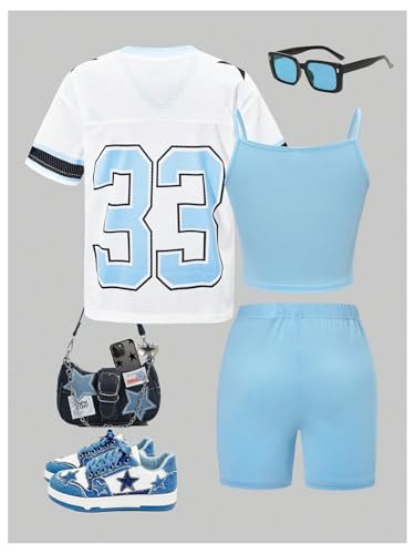 Floerns Conjunto de 3 peças de camisetas e shorts com estampa de número Y2k para meninas, Azul, 8Y