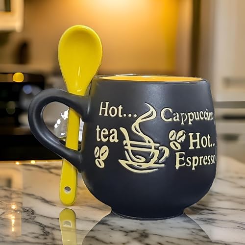 Image of HiTechMart Ceramic Coffee Mug with Spoon - Stylish Black & Yellow Cup for Tea, Cappuccino, Espresso - Embossed Design, Unique Gift for Coffee Lovers Colour May Vary